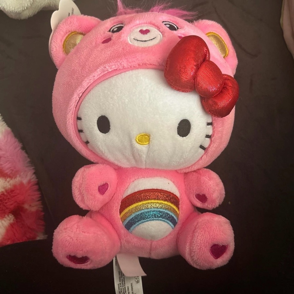 Care Bears x Hello Kitty Pink Plush with Rainbow Belly and Red Bow